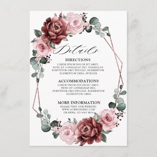 Dusty Pink Mauve Roos Floral Geometric Wedding Informatiekaartje (Voorkant)