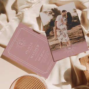 Dusty Pink Mid Century 70s Monogram Foto Wedding Kaart