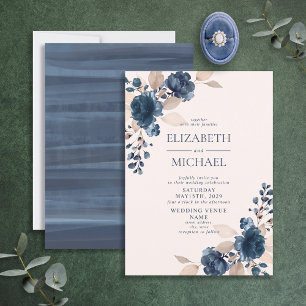 Dusty Pink Navy Blue Flowers Rustic Wedding Kaart