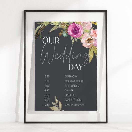 Dusty Pink Paars Floral Wedding Schedule Poster