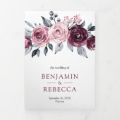 Dusty Pink Paarse Floral QR Code Weddenschap Drieluik Uitnodiging (Cover)