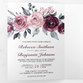 Dusty Pink Paarse Floral QR Code Weddenschap Drieluik Uitnodiging (Binnenzijde eerst)