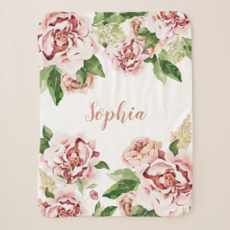 Dusty Pink Peony Floral Girl Name Baby Sherpa Deken