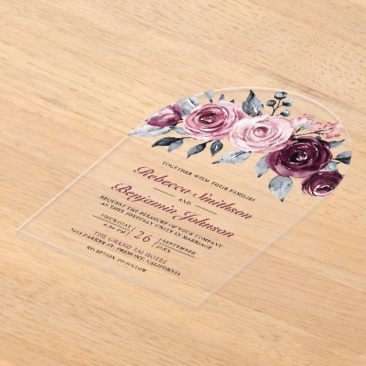 Dusty Pink Plum Purple Floral Wedding Acryl Uitnodigingen (Laagn)