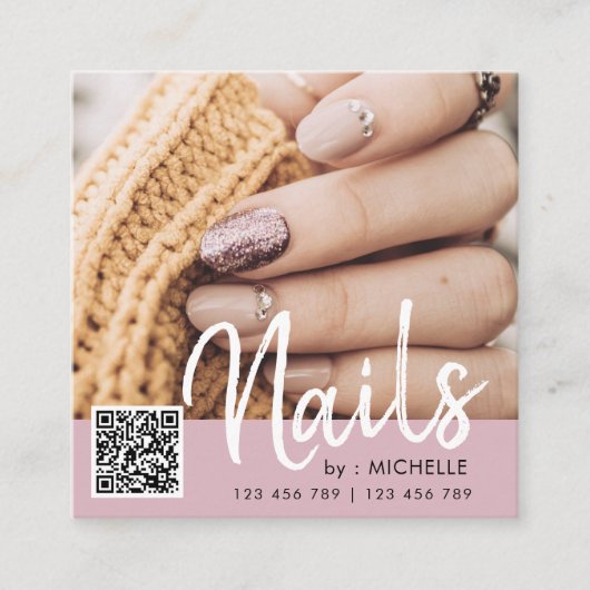 Dusty Pink QR code ongles photo cartes de visite (Devant)