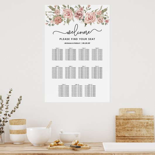 Dusty Pink Rose 11-tafel bruiloft zitgrafiek Poster (Keuken)