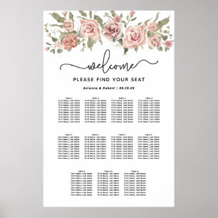 Dusty Pink Rose 11-tafel bruiloft zitgrafiek Poster