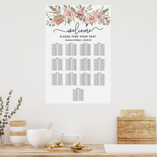 Dusty Pink Rose 13-tafel bruiloft zitgrafiek Poster (Keuken)