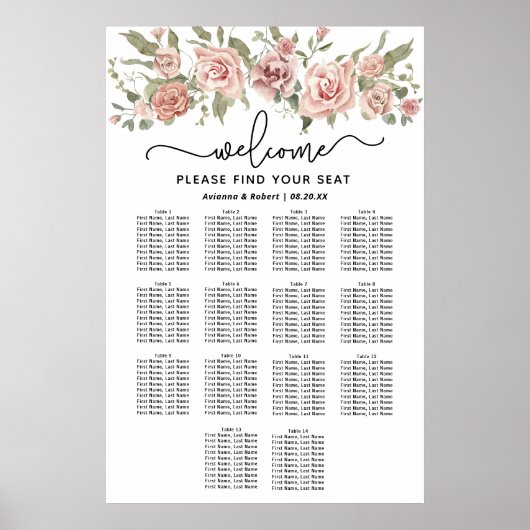 Dusty Pink Rose 14-Tafel Trouwstoelkaart Poster (Voorkant)
