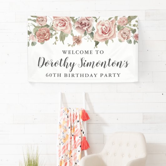Dusty Pink Rose 60e verjaardagsfeestje Welkom Spandoek (Insitu)