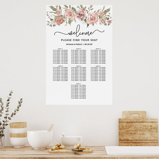 Dusty Pink Rose 7-tafel bruiloft zitgrafiek Poster (Keuken)