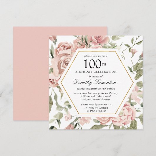 Dusty Pink Rose Floral 100th Birthday Uitnodiging (Voorkant / Achterkant)