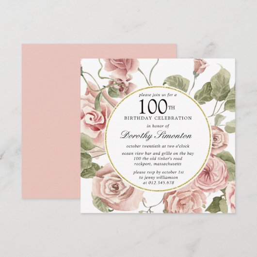 Dusty Pink Rose Floral 100th Birthday Uitnodiging (Voorkant / Achterkant)