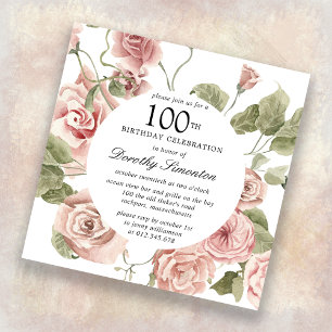 Dusty Pink Rose Floral 100th Birthday Uitnodiging