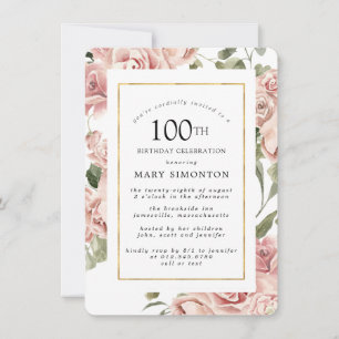 Dusty Pink Rose Floral 100th Gold Birthday Party Kaart