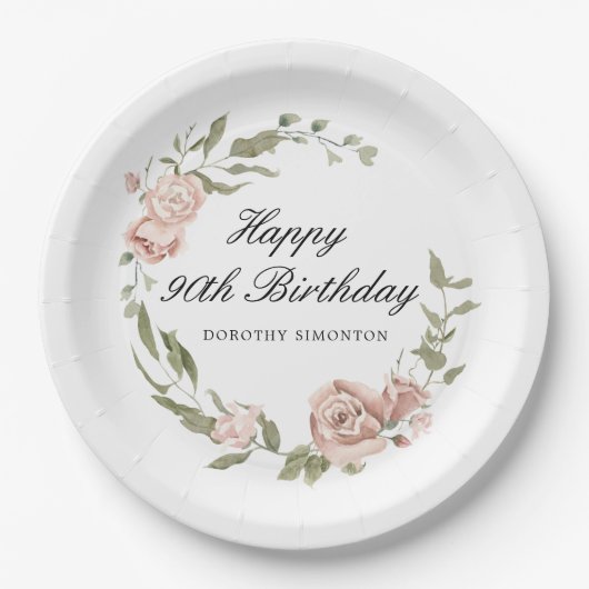 Dusty Pink Rose Floral 90th Birthday Papieren Bordje (Voorkant)