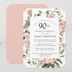 Dusty Pink Rose Floral 90th Birthday Party Invitat Kaart