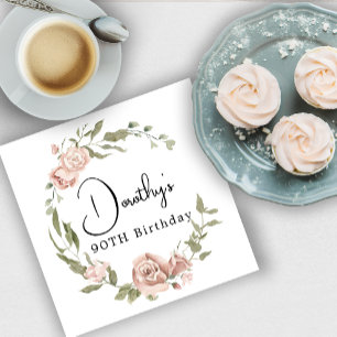 Dusty Pink Rose Floral 90th Birthday Servet