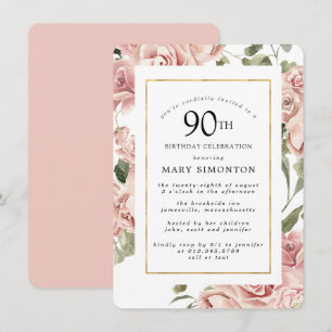 Dusty Pink Rose Floral 90th Gold Birthday Party Kaart