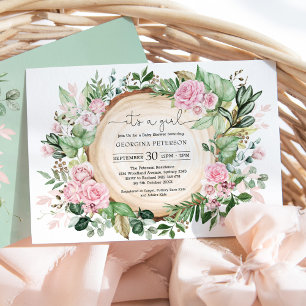 Dusty Pink Rose Garden Botanical Girl Baby shower Kaart