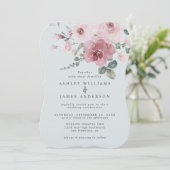Dusty Pink Rose Light Blue Wedding Kaart (Staand voorkant)