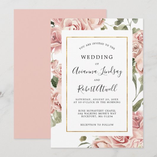 Dusty Pink Rose Rustic Floral Wedding Invitation Kaart (Voorkant / Achterkant)