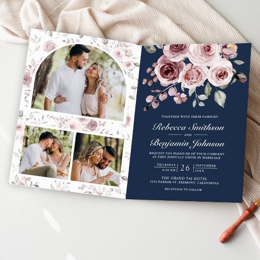 Dusty Pink Roses QR Code Navy Blue Wedding