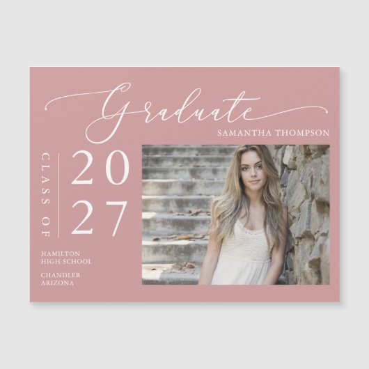 Dusty Pink Script School Afstuderen Foto Magnet (Voorkant)