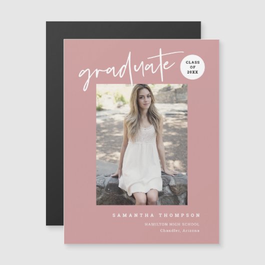 Dusty Pink Script School Graduate Photo Magnet (Devant / Derrière)
