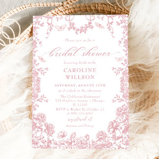Dusty Pink Toile Floral Chinoiserie Vrijgezellenfe Kaart