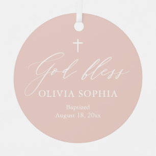 Dusty Pink White Cross Foto Girl Baptism Ornament
