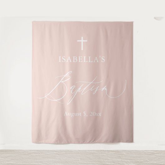 Dusty Pink White Cross Girl Baptisme Fotoachtergro Wandkleed (Voorkant)