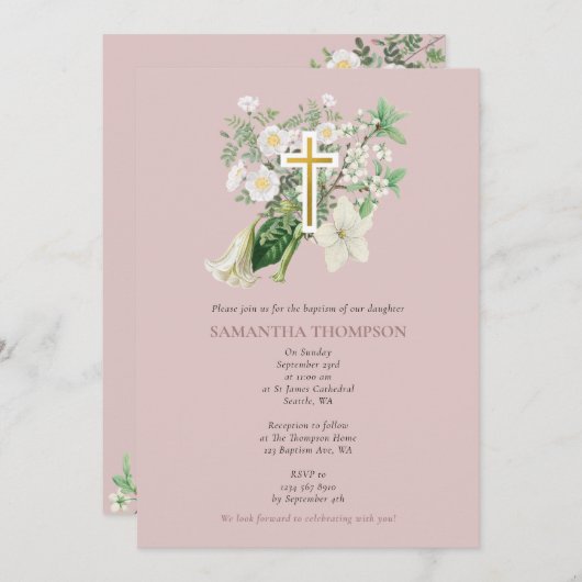 Dusty Pink White Floral Religious Cross Baptisme Kaart (Voorkant / Achterkant)