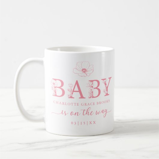 Dusty Pink Wildflower Baby Announcement Coffee Mug (Gauche)