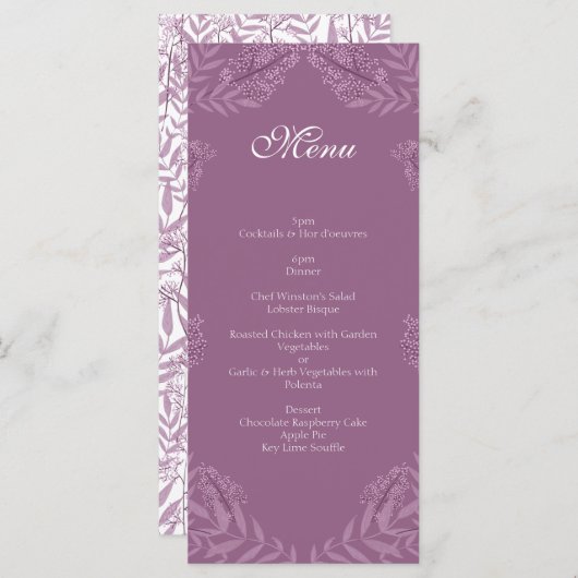 Dusty Plum Paars Wedding Botanical Menu (Voorkant / Achterkant)