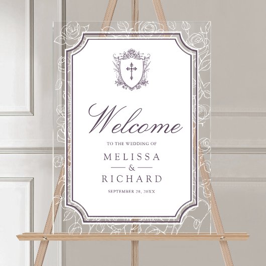 Dusty Purple Catholic Wedding Welcome Acryl Bord