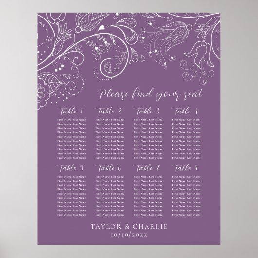 Dusty Purple Floral Mariage 8 tables Tableau de si (Devant)