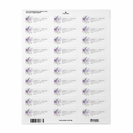 Dusty Purple Floral Wedding Return Address Etiket (Full Sheet)
