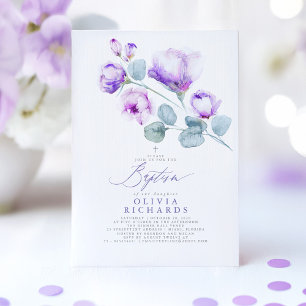 Dusty Purple Flowers Baptism Invitation Kaart
