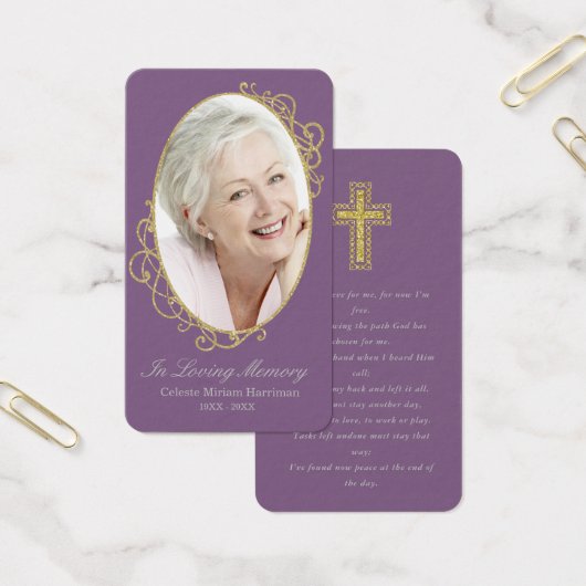 Dusty Purple Gold Photo Funeral Prayer Card (Bureau)