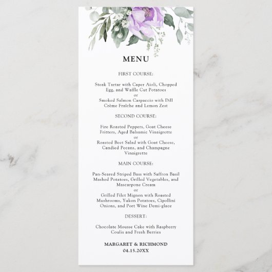 Dusty Purple Rustic Floral Menu Mariage (Devant)