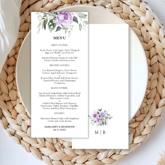 Dusty Purple Rustic Floral Menu Mariage