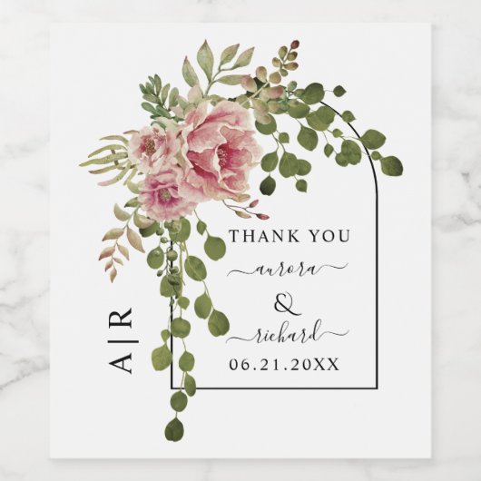 Dusty roos bloemen, Boog Dank je bruiloft Wine Wijn Etiket (Enkel label)