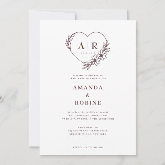 Dusty Roos Bloemen Hart Huwelijksuitnodiging Kaart (Voorkant)