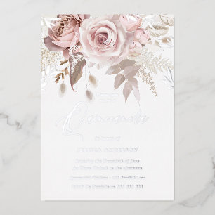 Dusty Roos & Blush Floral Quinceanera Silver Folie Uitnodiging