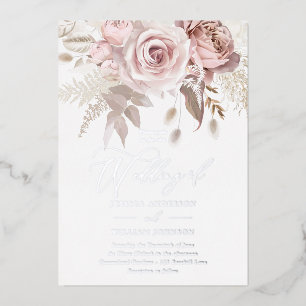 Dusty Roos & Blush Floral Wedding Silver Folie Uitnodiging