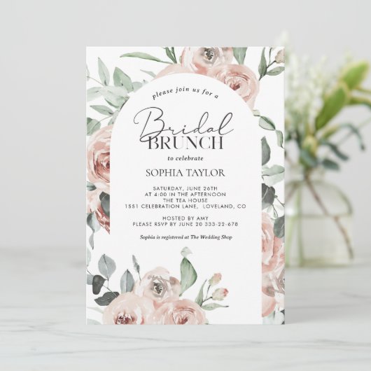 Dusty Roos Blush Pink Eucalyptus Bridal Brunch Kaart (Staand voorkant)