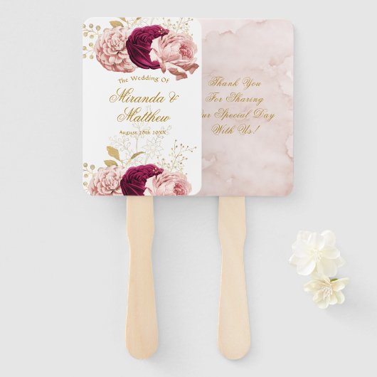 Dusty Roos Blush Pink Gold Peony Weddenschap Harte Handwaaier (Voorkant en achterkant)