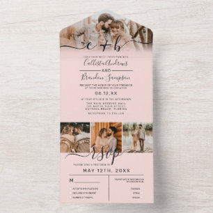 Dusty Roos Blush Roze Foto Monogram Huwelijk RSVP All In One Uitnodiging
