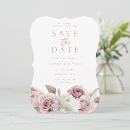 Dusty Roos & Blush Rozen Alle Seizoenen Trouwen Save The Date (Staand voorkant)